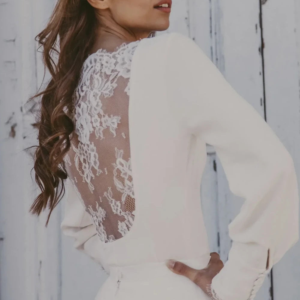 Body de mariée Regina BD33 crêpe dos en dentelle manches bouffantes Novias