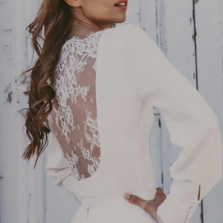 Body de mariée Regina BD33 crêpe dos en dentelle manches bouffantes Novias