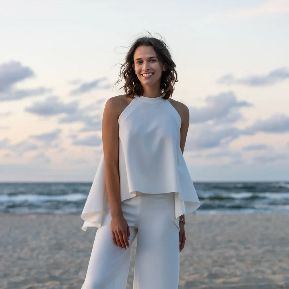 Boléro de mariée Edith B90 crêpe cape attachée au cou Novias vue 5