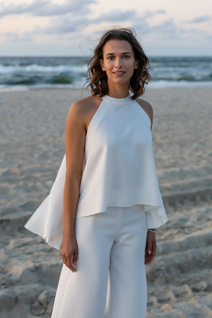 Boléro de mariée Edith B90 crêpe cape attachée au cou Novias vue 6