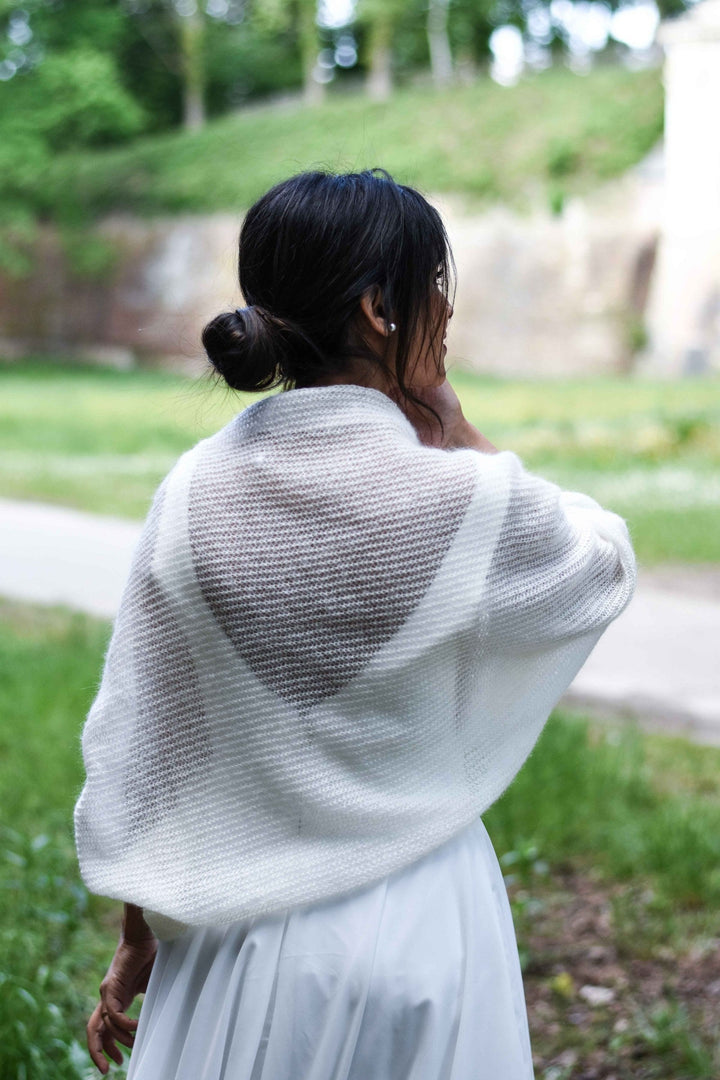 Boléro mariée Flocon, détail des manches en mohair et soie