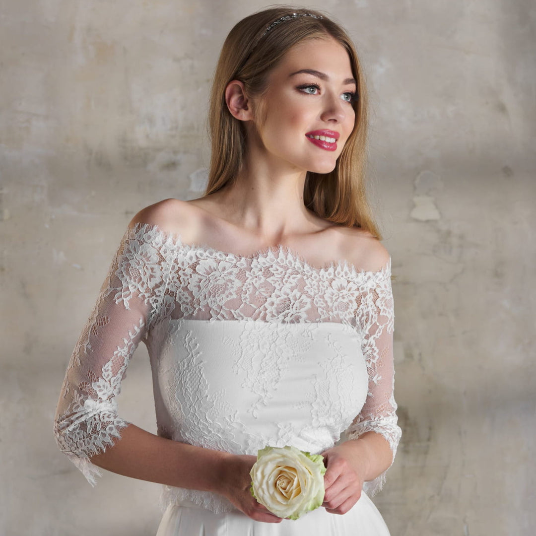 Boléro de mariée Georgia BK84 en dentelle française, col bateau