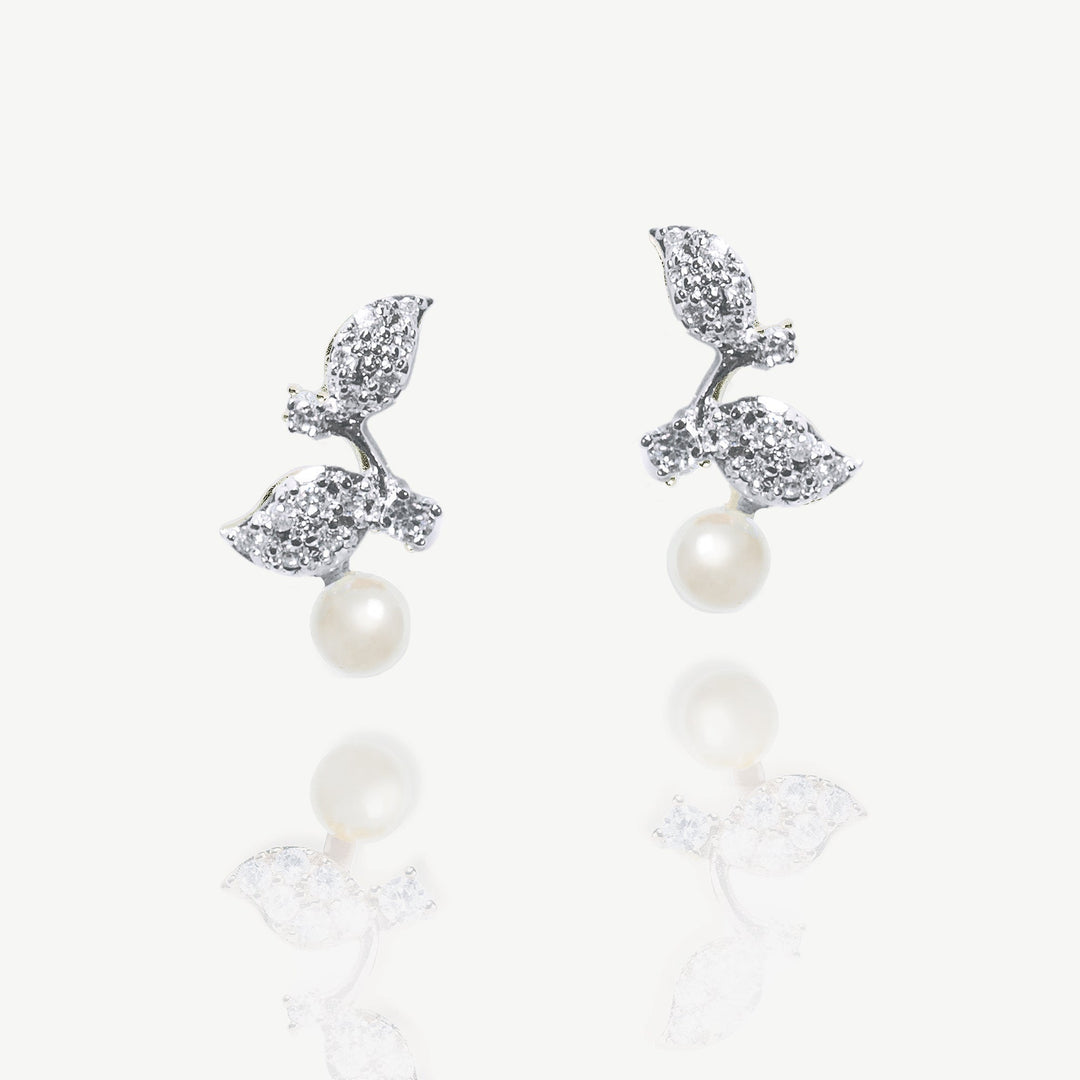 Boucles d'oreilles de mariée Aphrodite perle et feuillage rhodium