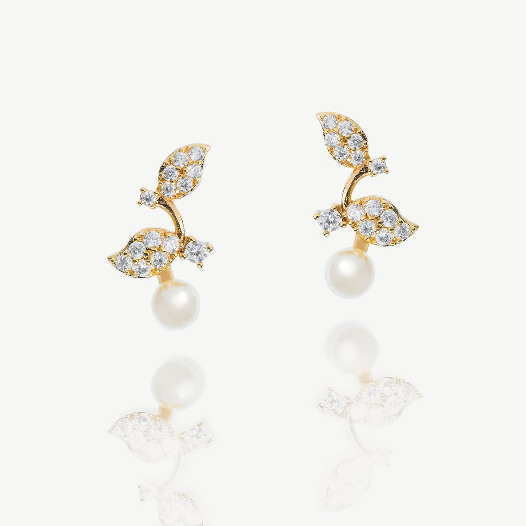 Boucles d'oreilles de mariée Aphrodite perle et feuillage dorées