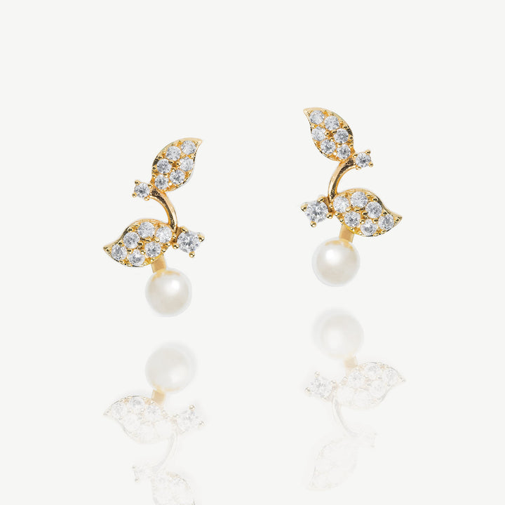 Boucles d'oreilles de mariée Aphrodite perle et feuillage dorées