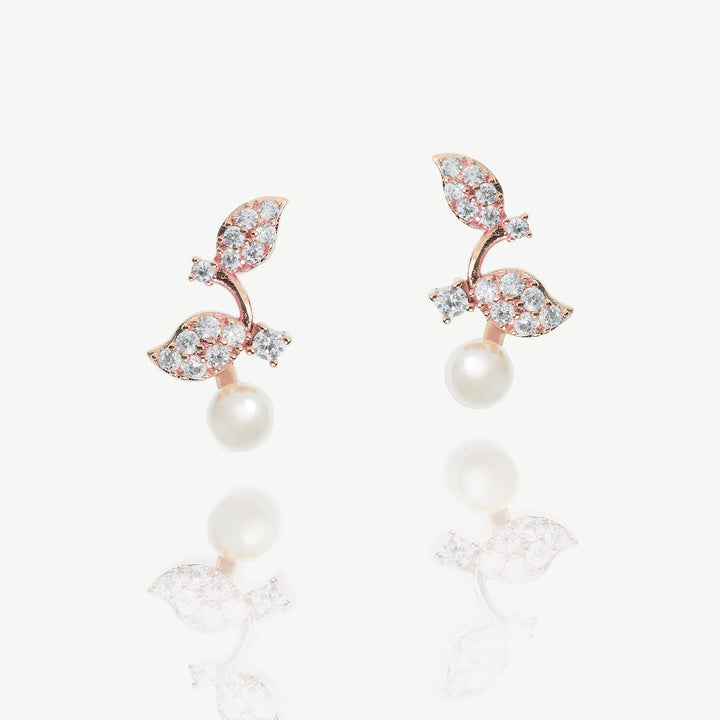 Boucles d'oreilles de mariée Aphrodite perle et feuillage or rose