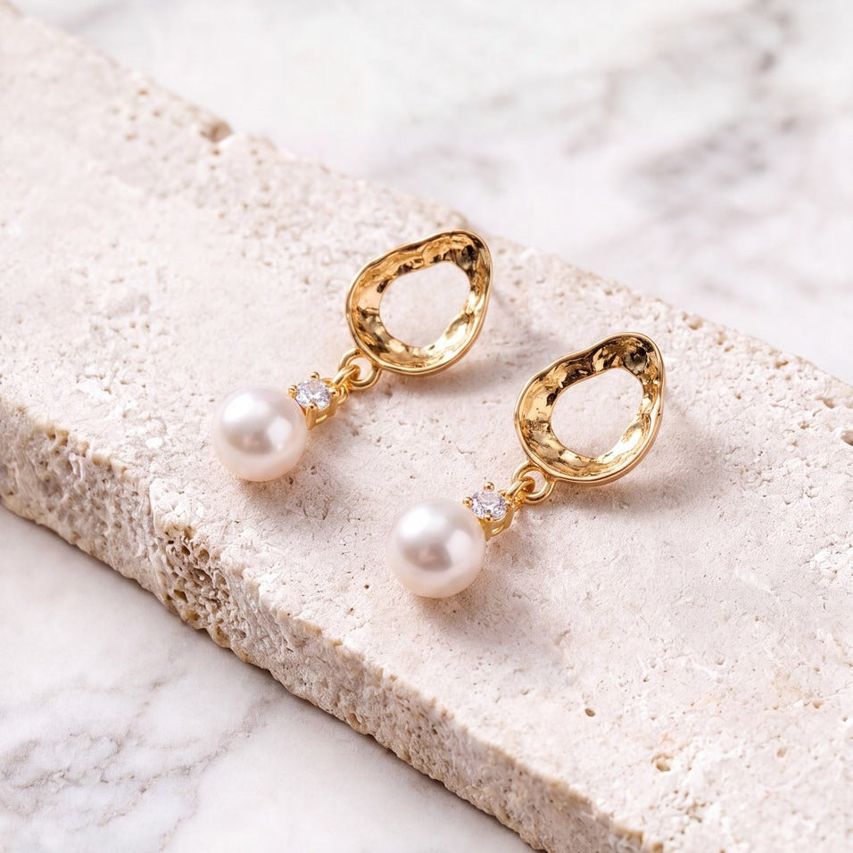 Boucles d'oreilles de mariée ER1041 – zircons et perle d'eau douce, dorées G.Westerleigh