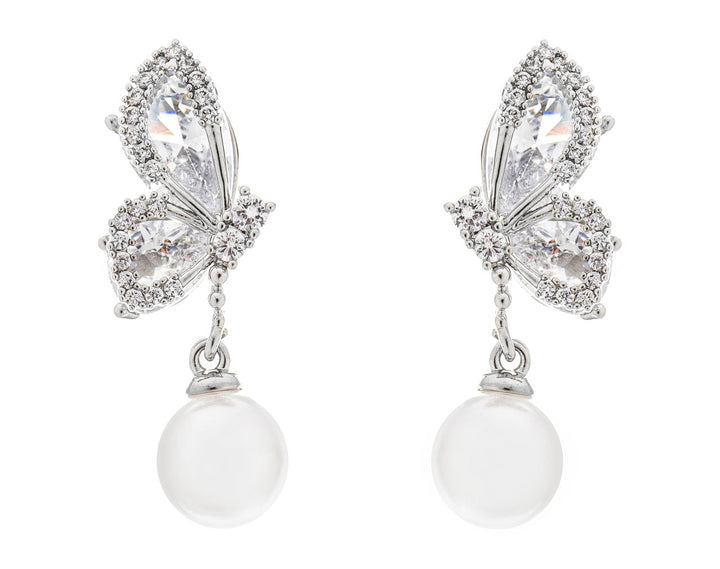 Boucles d'oreilles de mariée ER305 – papillon zircons et perle, argent G.Westerleigh