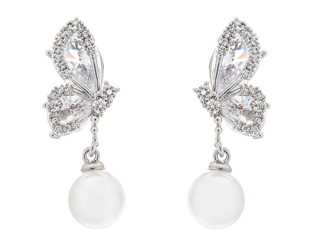 Boucles d'oreilles de mariée ER305 – papillon zircons et perle, argent G.Westerleigh