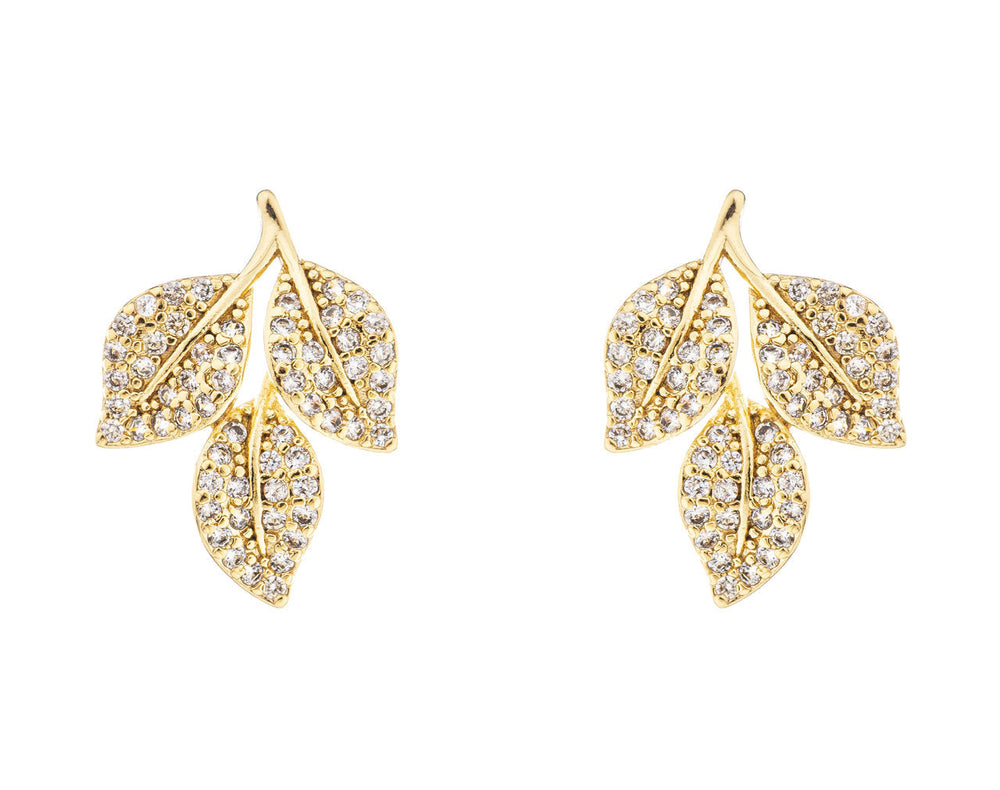 Boucles d'oreilles de mariée ER360 – feuilles et zircons, dorées G.Westerleigh