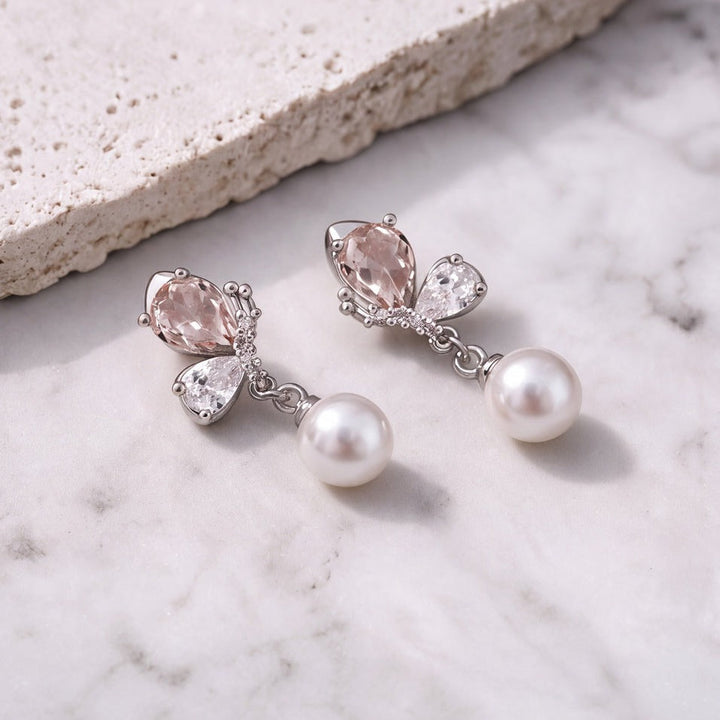 Boucles d'oreilles de mariée ER404 – papillon rose poudré et perle, argent G.Westerleigh