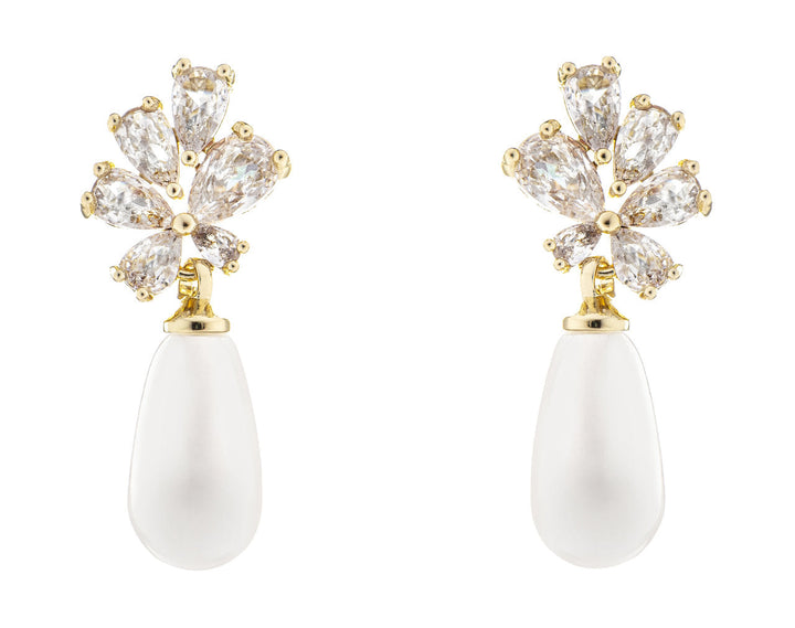 Boucles d'oreilles de mariée ER5343 – zircons et goutte de perle, dorées G.Westerleigh