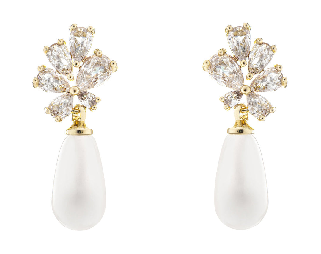 Boucles d'oreilles de mariée ER5343 – zircons et goutte de perle, dorées G.Westerleigh