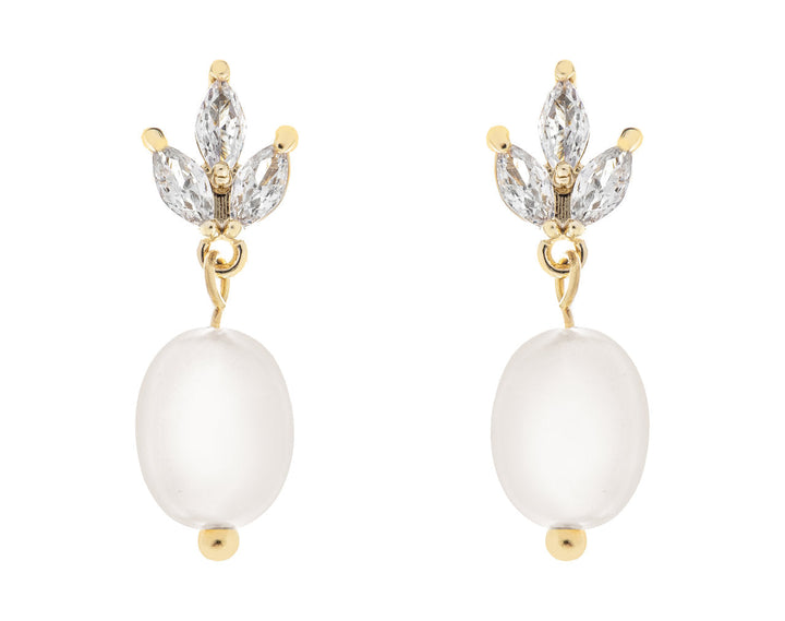 Boucles d'oreilles de mariée ER5377 – feuilles zircons et perle, dorées G.Westerleigh
