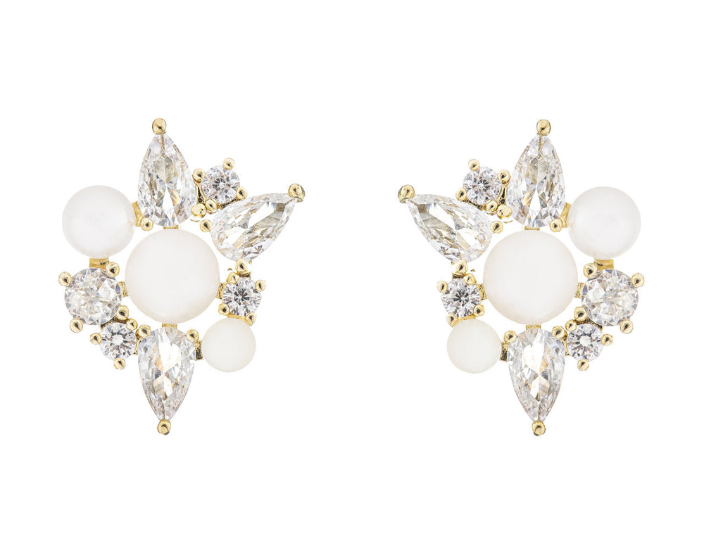 Boucles d'oreilles de mariée ER5549 – fleur perles et zircons, dorées G.Westerleigh