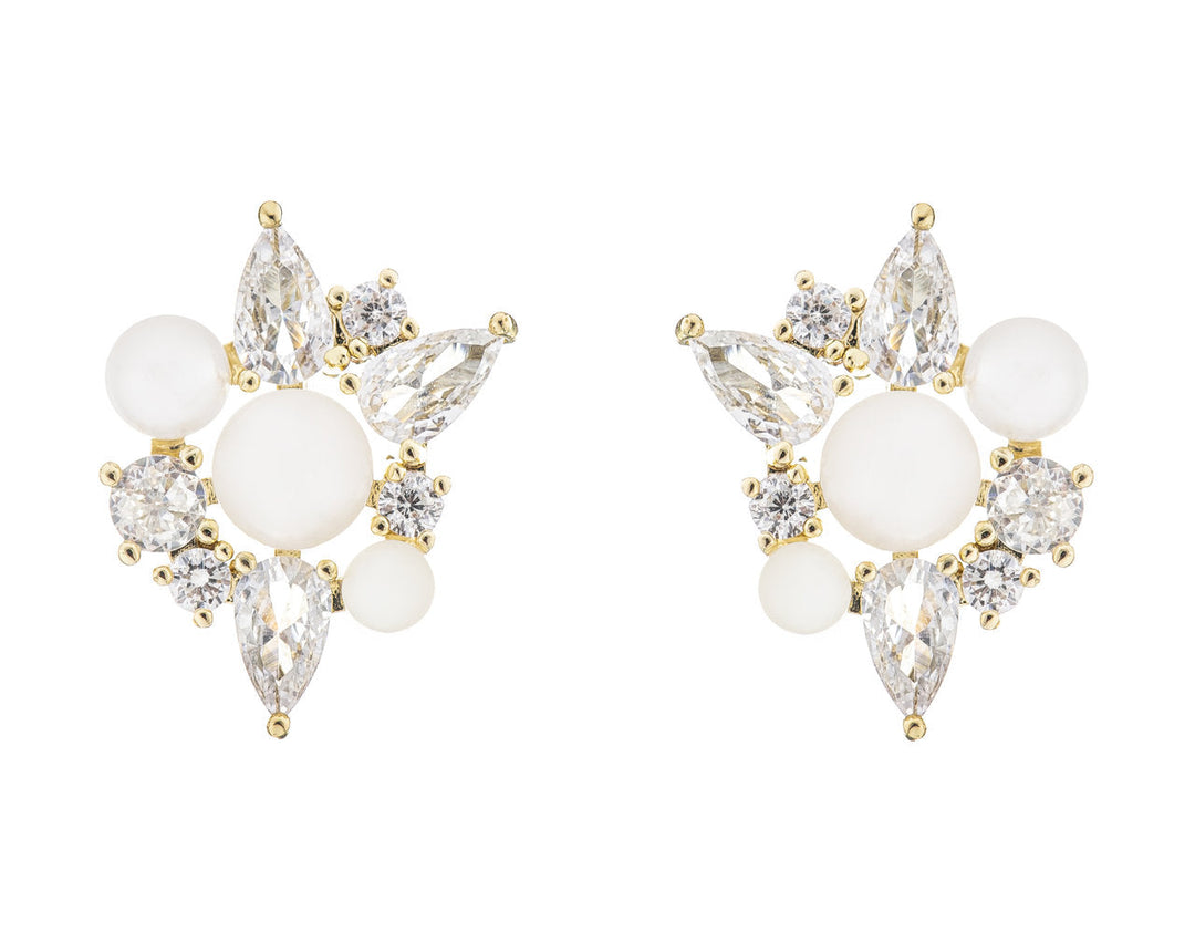 Boucles d'oreilles de mariée ER5549 – fleur perles et zircons, dorées G.Westerleigh