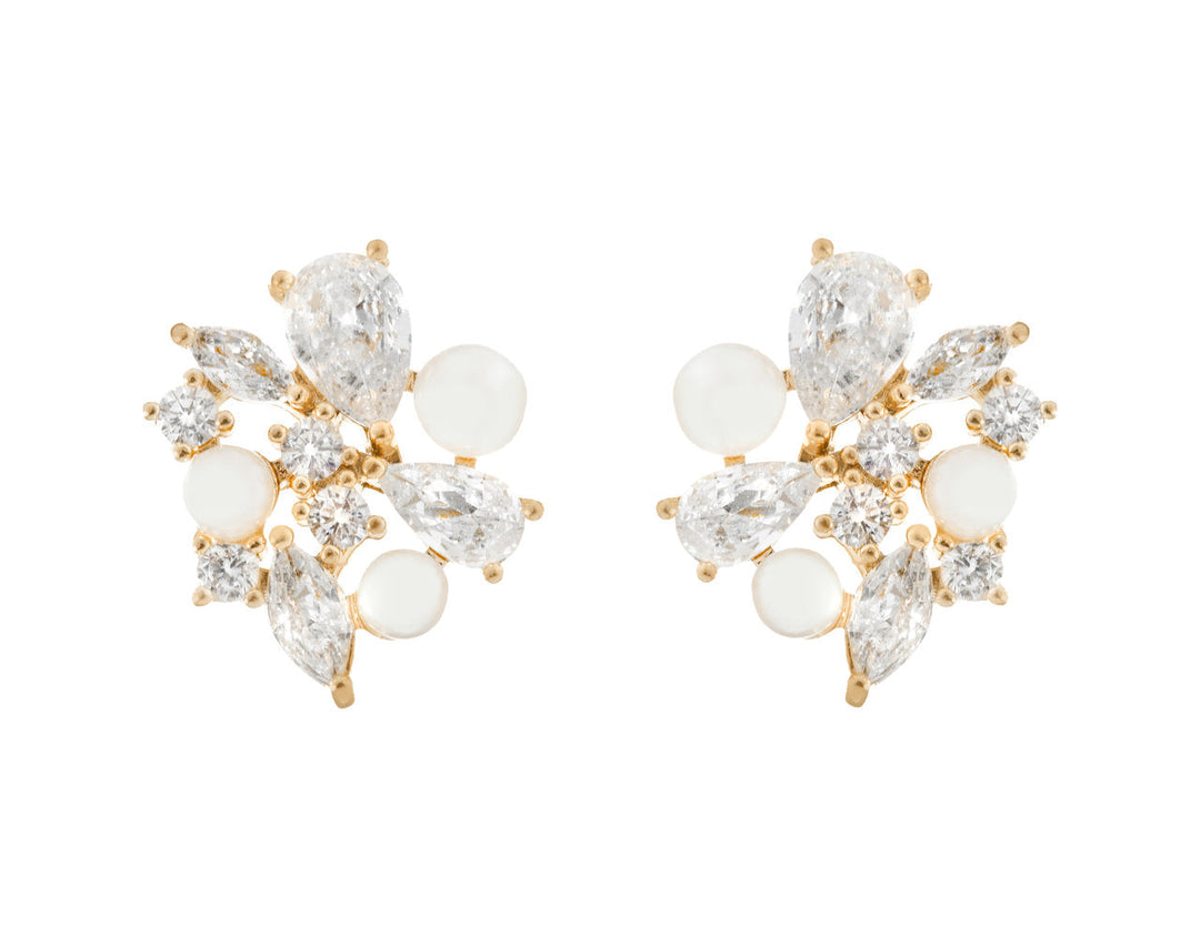 Boucles d'oreilles de mariée ER5552 – puces florales zircons et perles, dorées G.Westerleigh