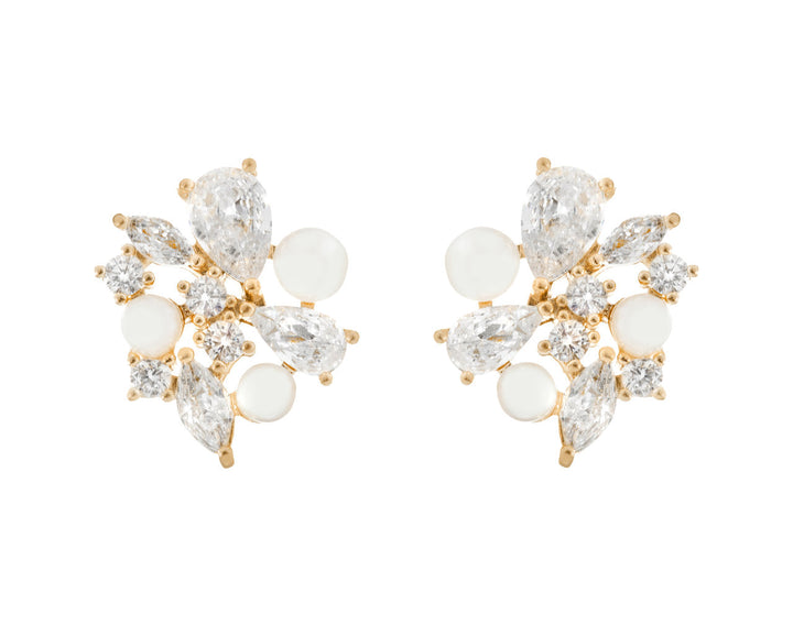 Boucles d'oreilles de mariée ER5552 – puces florales zircons et perles, dorées G.Westerleigh
