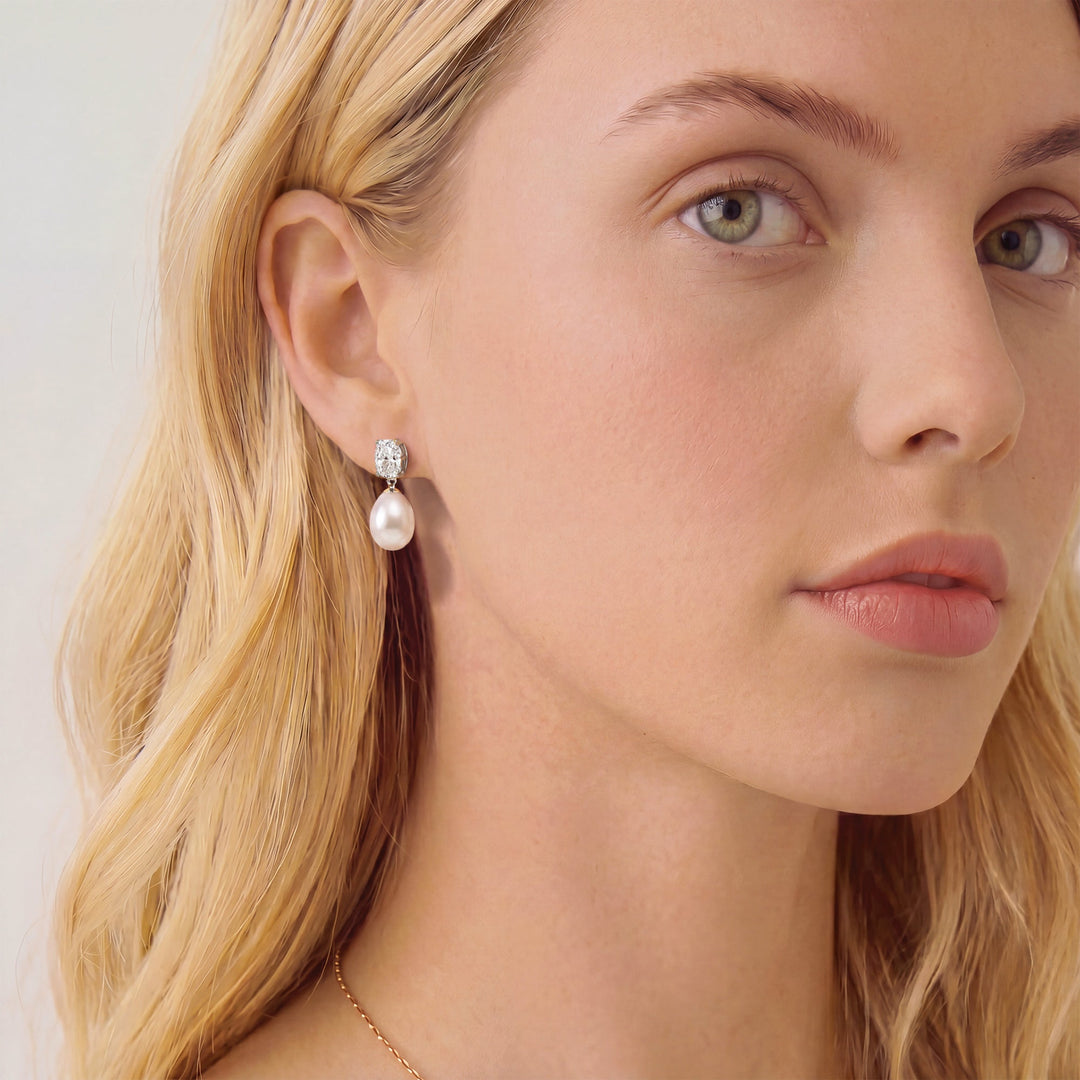 Boucles d'oreilles de mariée Hampstead portées perle et zircon argent Ivory and co