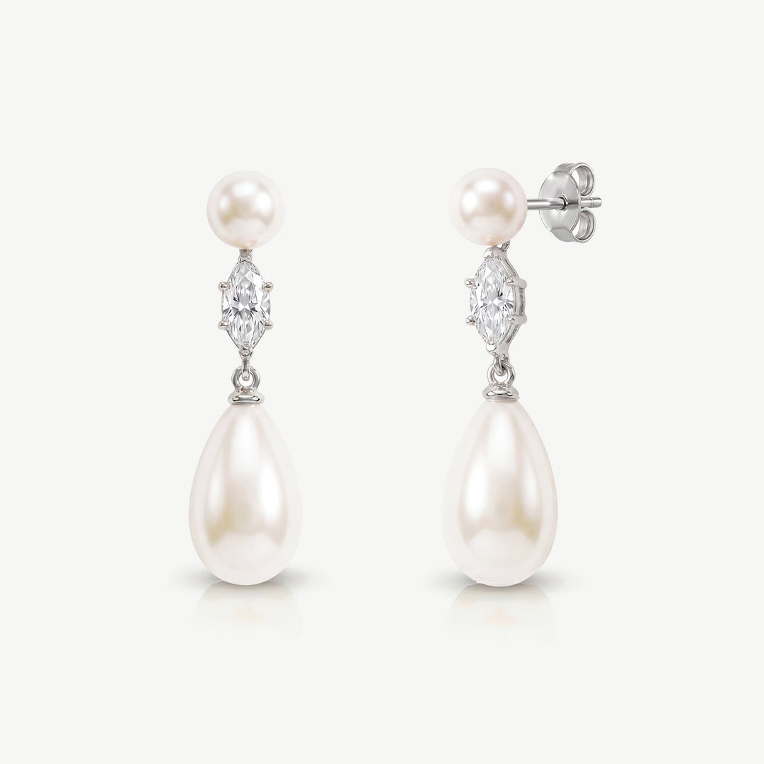 Boucles d'oreilles de mariée Oxford perle et zircon marquise argent Ivory and co