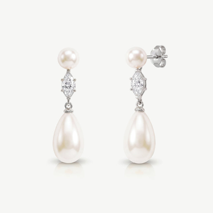 Boucles d'oreilles de mariée Oxford perle et zircon marquise argent Ivory and co