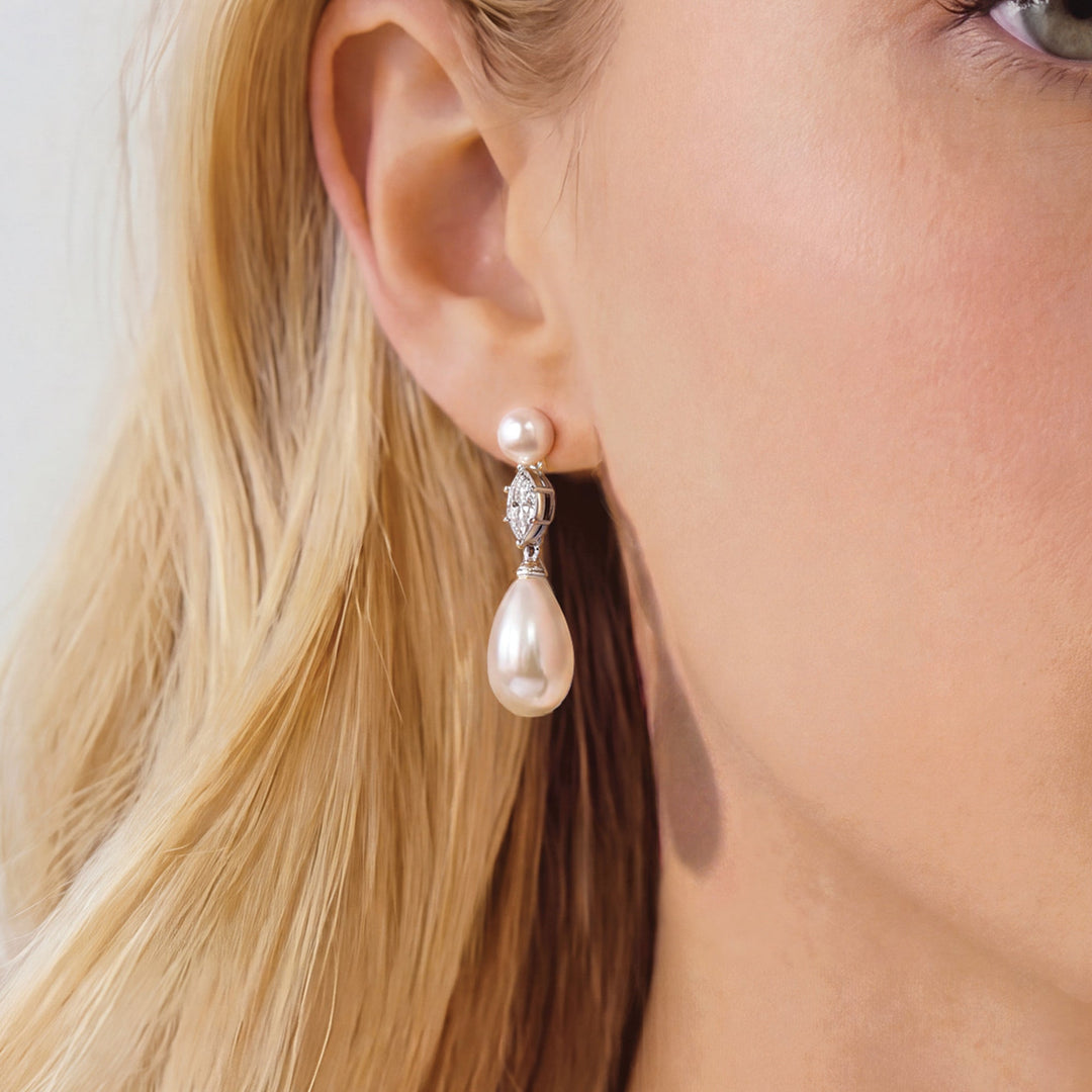 Boucles d'oreilles de mariée Oxford détail perle goutte argent Ivory and co