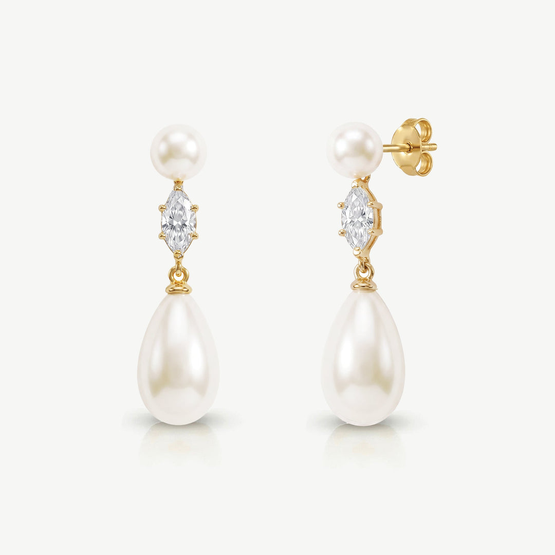 Boucles d'oreilles de mariée Oxford perle et zircon marquise or Ivory and co