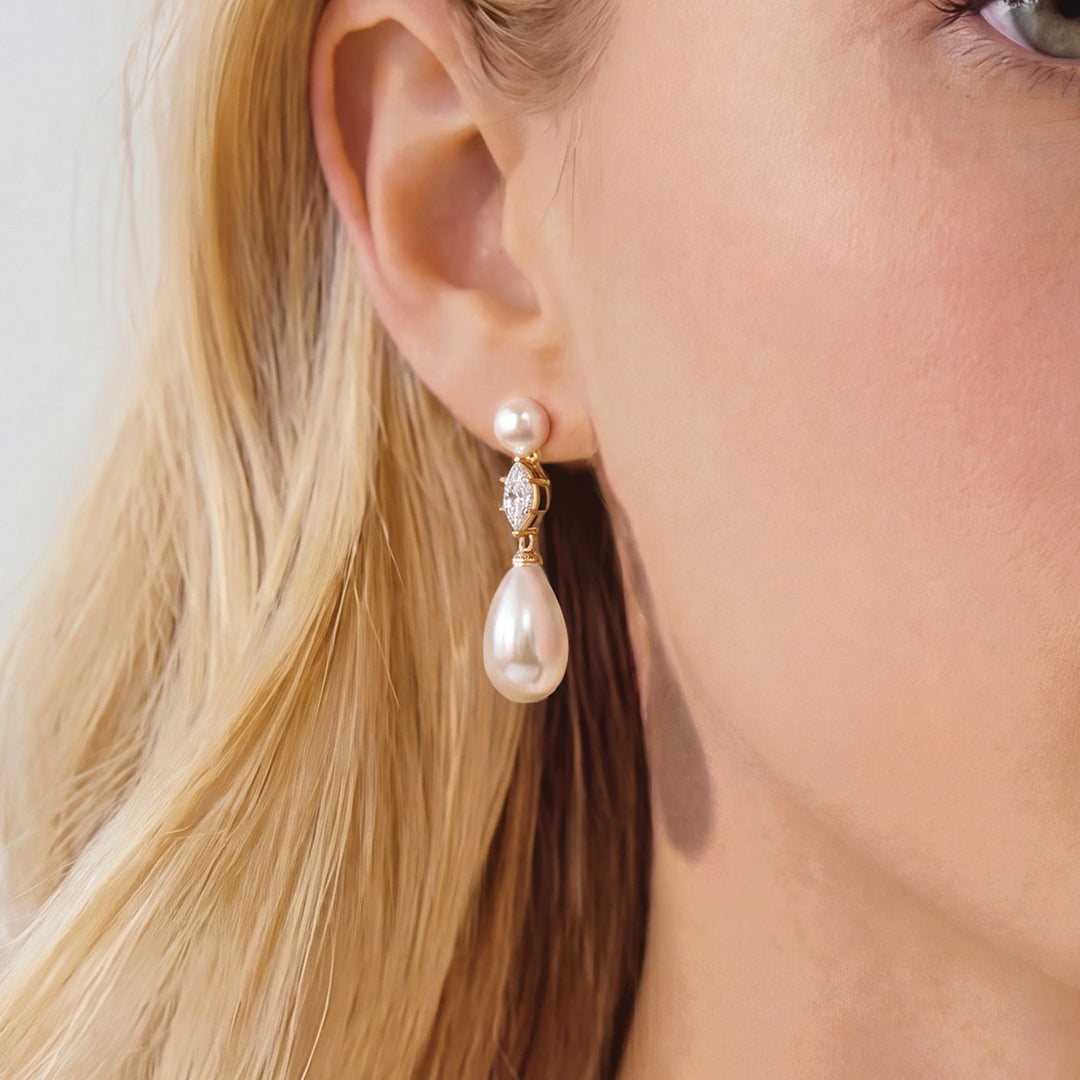 Boucles d'oreilles de mariée Oxford détail perle goutte or Ivory and co