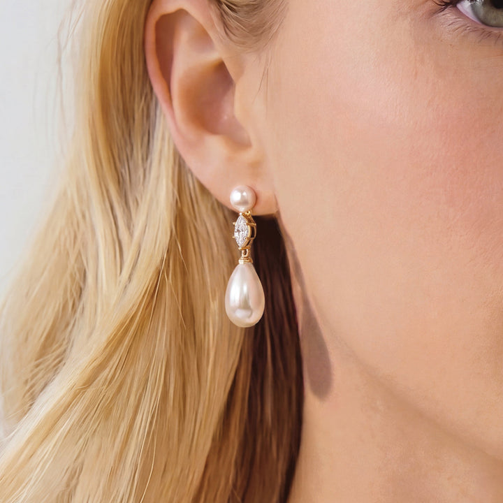 Boucles d'oreilles de mariée Oxford détail perle goutte or Ivory and co