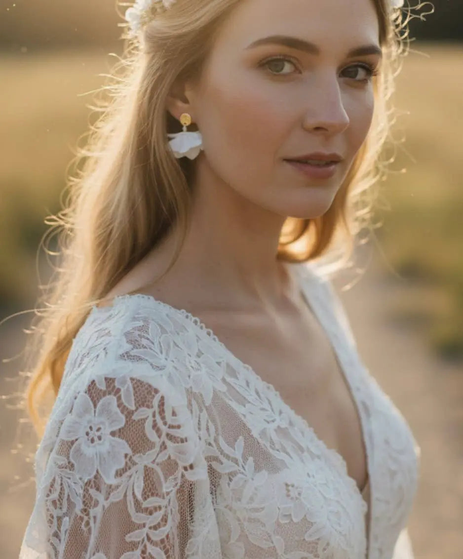 Boucles d'oreilles volutes- bijoux florale tissu blanc. : Argent L'atelier du 6