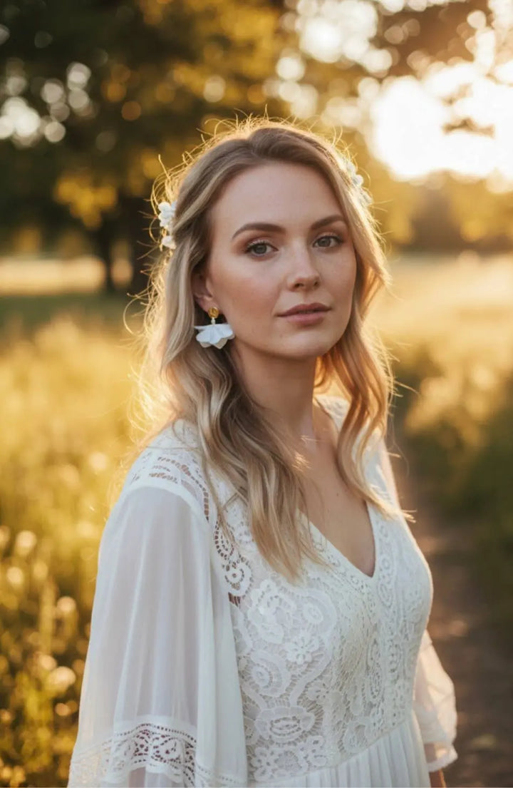 Boucles d'oreilles volutes- bijoux florale tissu blanc. : Argent L'atelier du 6