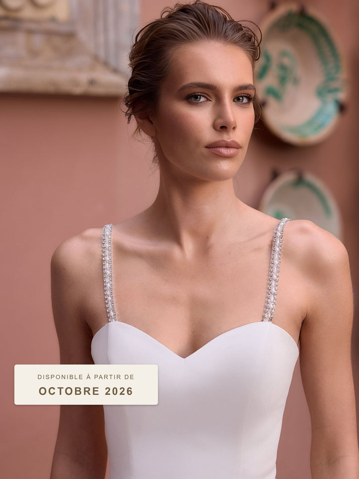 Bretelles de robe de mariée 17016 brodées de cristaux et de perles, ivoire et argent, disponibles à partir d'octobre 2026