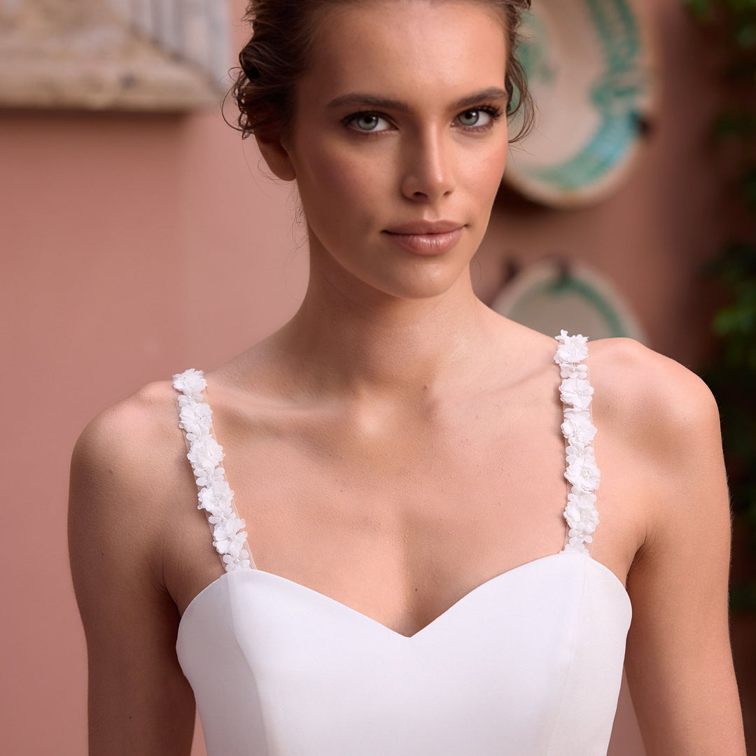 Bretelles de robe de mariée 17019 en tulle avec fleurs 3D et perles, ivoire