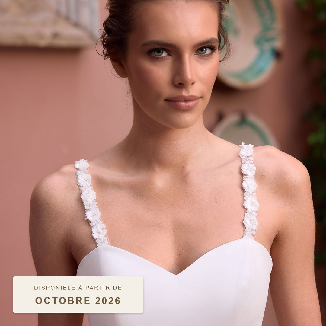 Bretelles de robe de mariée 17019 en tulle avec fleurs 3D et perles, ivoire, disponibles à partir d'octobre 2026