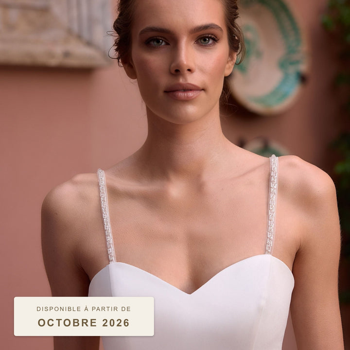 Bretelles de robe de mariée 17020 brodées sur tulle avec perles de verre, ivoire, disponibles à partir d'octobre 2026