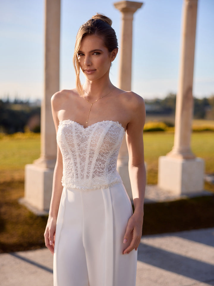 Bustier de mariée E532 en dentelle ivoire sans bretelles, Bianco Evento