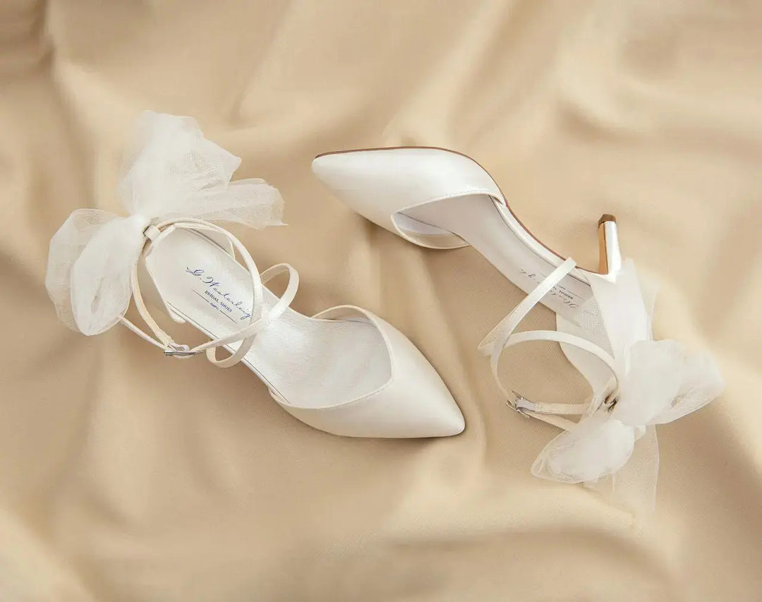 CHAUSSURES DE MARIÉE FLORENCE AVEC NŒUD EN TULLE AMOVIBLE – SATIN IVOIRE G.Westerleigh