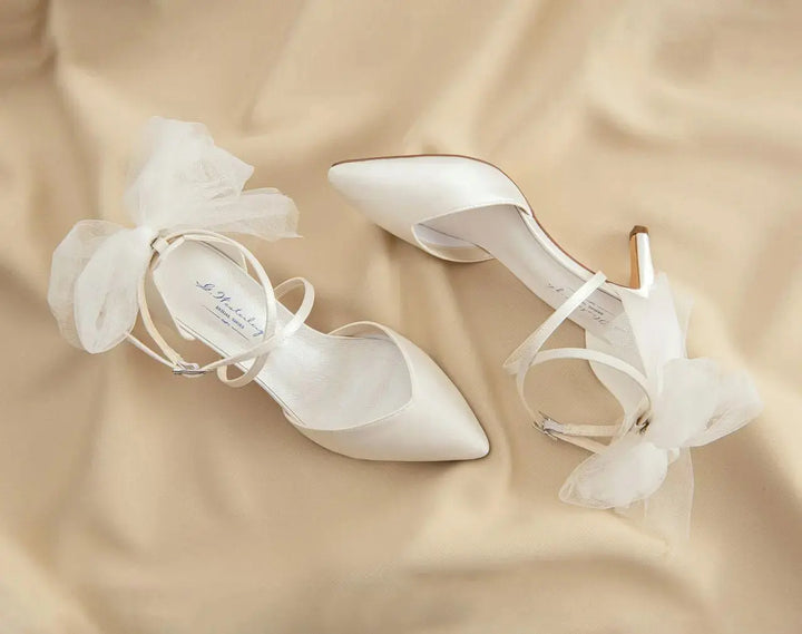 CHAUSSURES DE MARIÉE FLORENCE AVEC NŒUD EN TULLE AMOVIBLE – SATIN IVOIRE G.Westerleigh