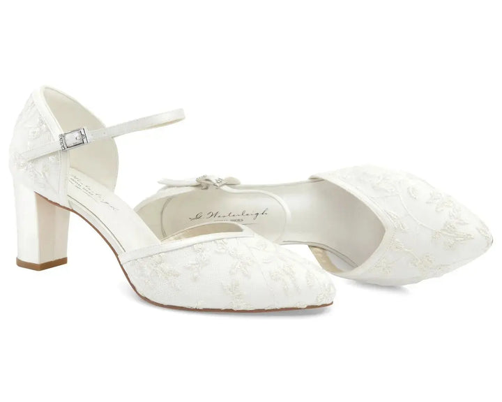CHAUSSURES DE MARIÉE INDIRA – DENTELLE SUR SATIN IVOIRE ET TALON BLOC 7 CM G.Westerleigh