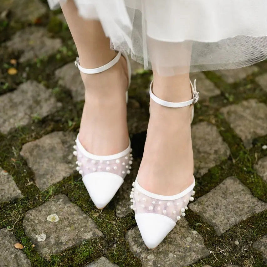 CHAUSSURES DE MARIÉE PEARL – TALONS CARRÉS AVEC PERLES ET TULLE G.Westerleigh