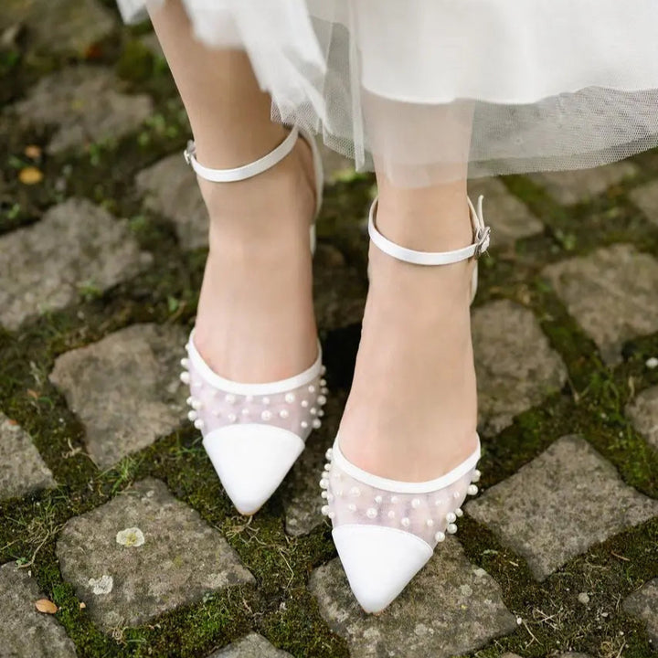 CHAUSSURES DE MARIÉE PEARL – TALONS CARRÉS AVEC PERLES ET TULLE G.Westerleigh