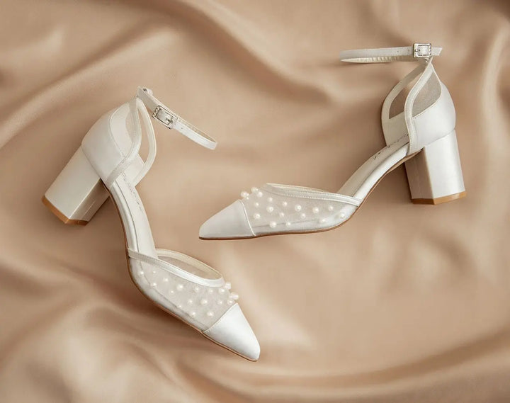 CHAUSSURES DE MARIÉE PEARL – TALONS CARRÉS AVEC PERLES ET TULLE G.Westerleigh