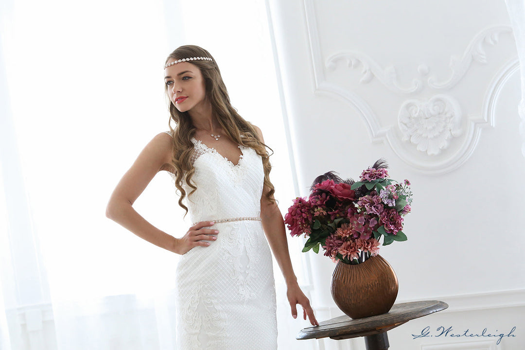 Ceinture de mariée WS-J013 or rose portée de dos