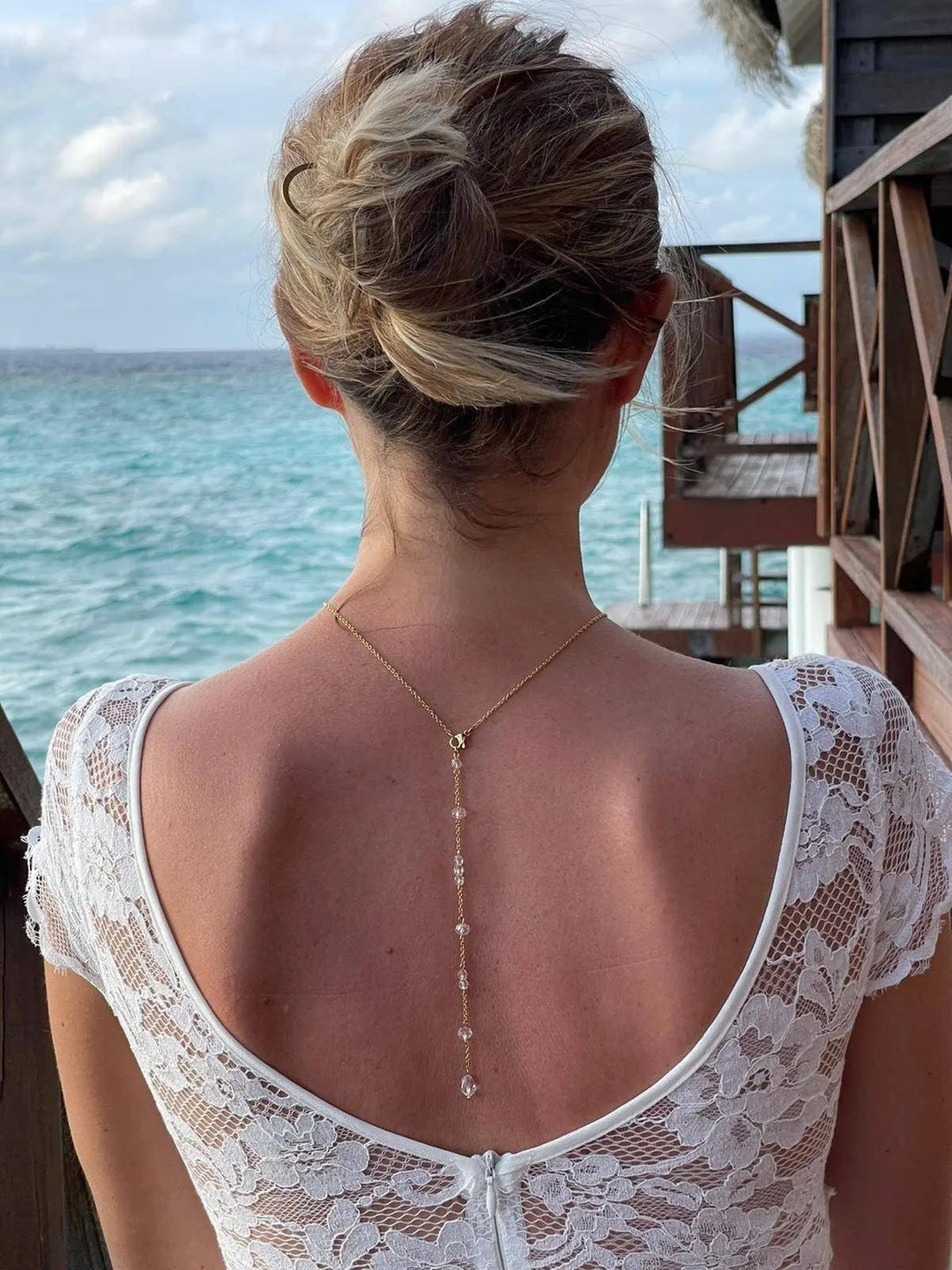 Collier De Dos Fin Pour La Mariée Avec Cristal Perlée-Bijoux: Argenté / Collier De Dos + Bra L'atelier du 6