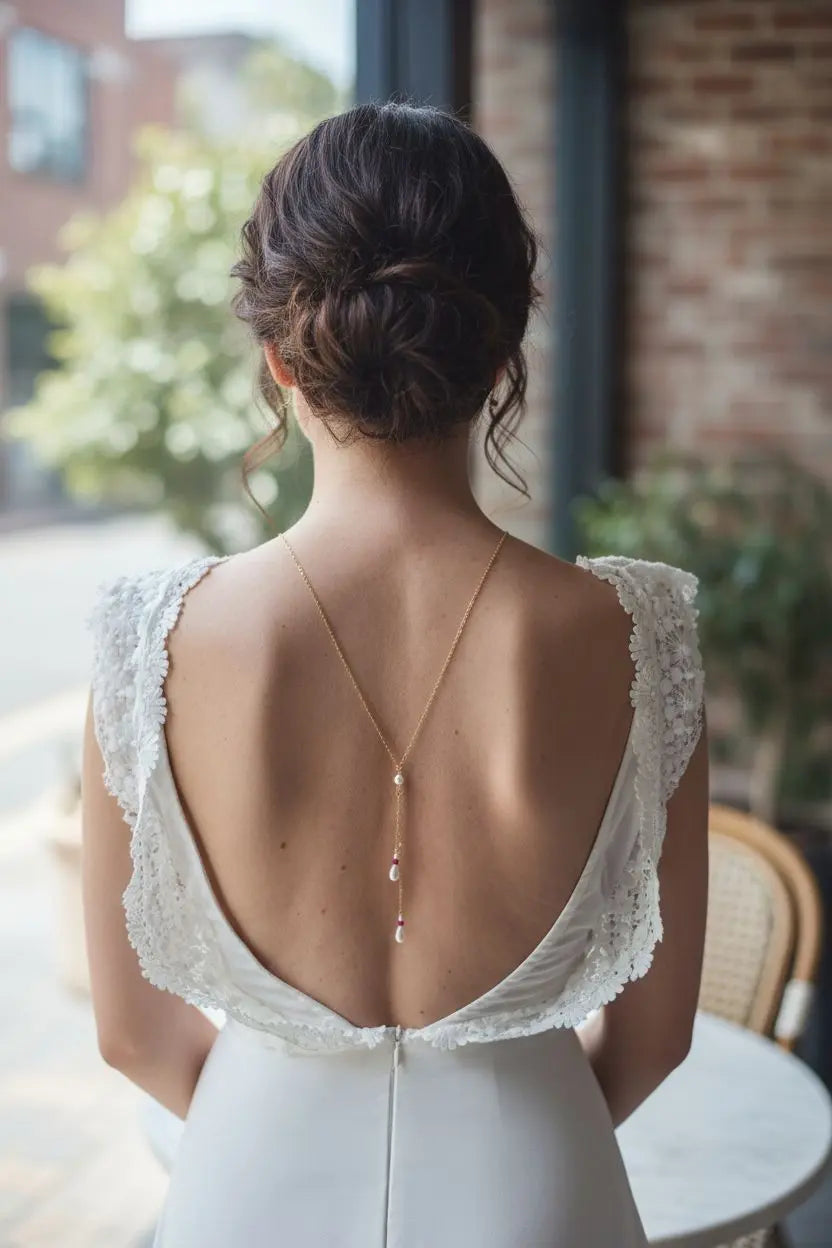Collier de dos nu avec gouttes nacrées blanches et cristaux.: Doré L'atelier du 6
