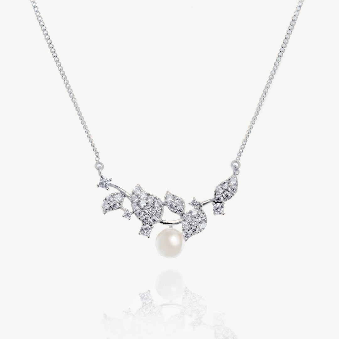 Collier de mariée Aphrodite perle et feuillage rhodium