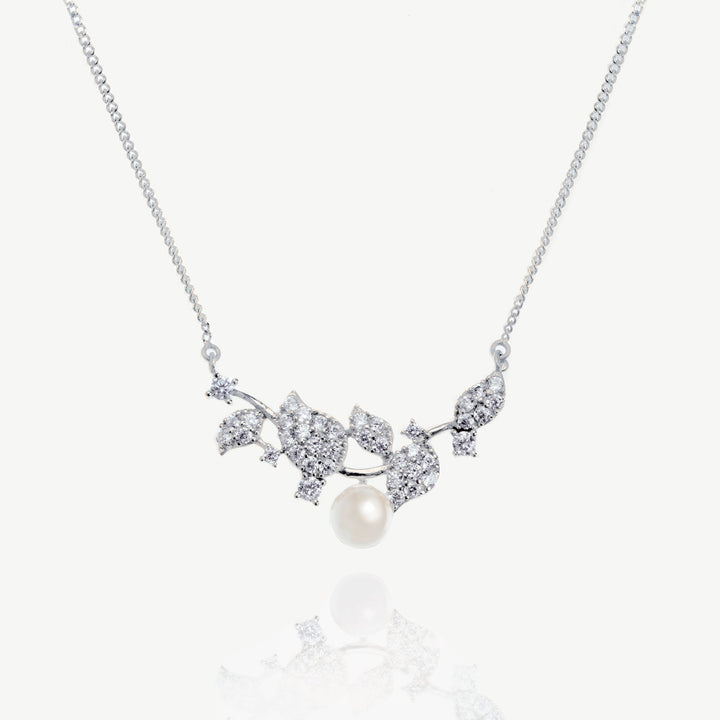Collier de mariée Aphrodite perle et feuillage rhodium