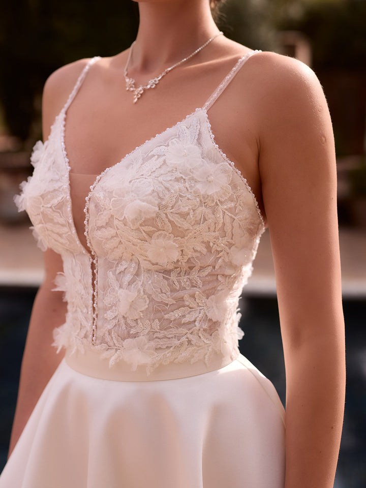 Corset de mariée E507 Bianco Evento, dentelle posée sur tulle