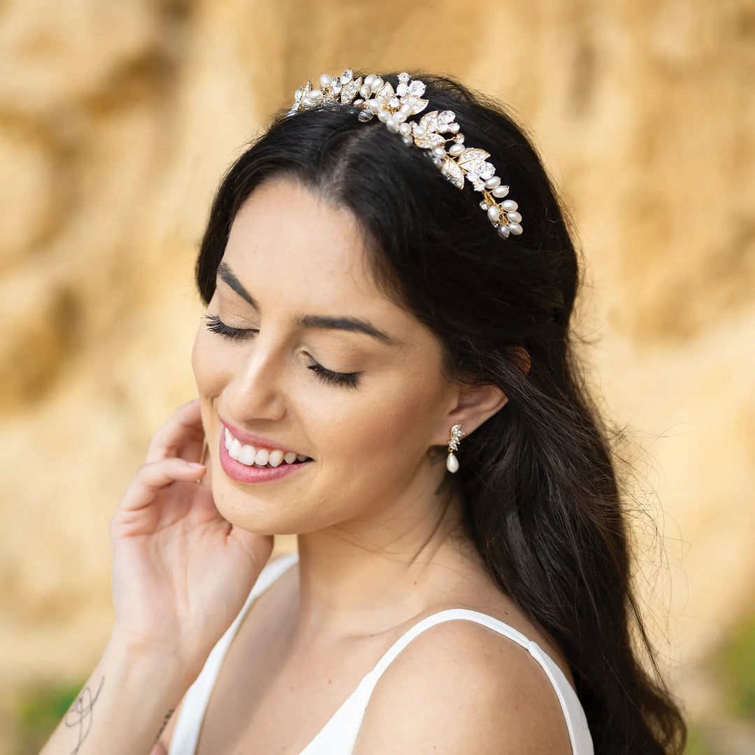 DIADÈME MARIAGE FLORAL CRISTAUX & PERLES – ALANA Ivory and co