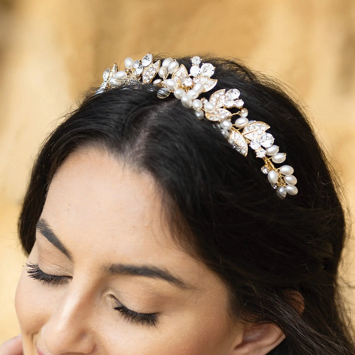 DIADÈME MARIAGE FLORAL CRISTAUX & PERLES – ALANA Ivory and co